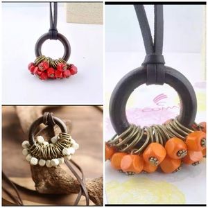 NEW Wooden Pendant Necklace Adjustable Faux Leather